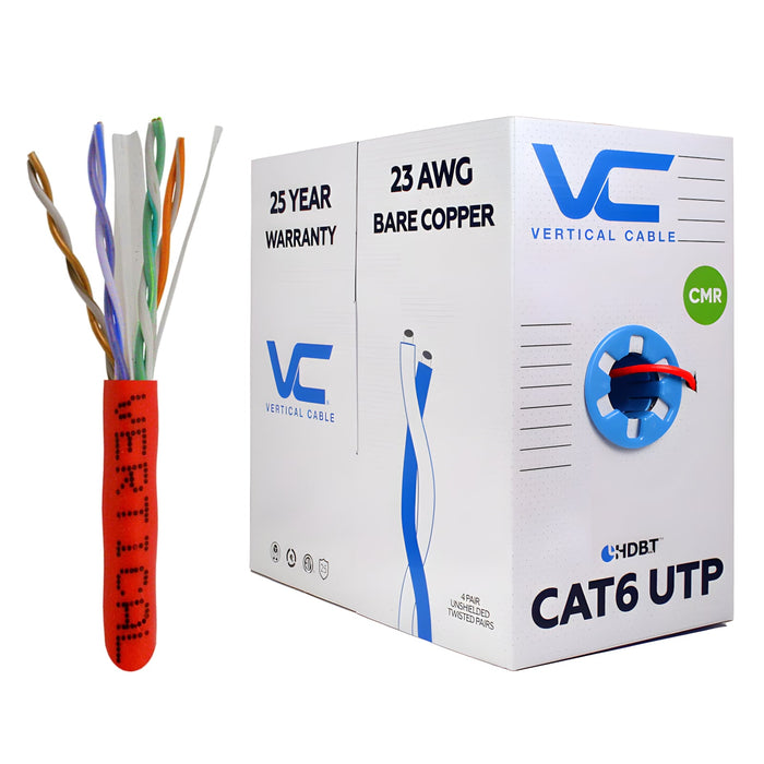 1000ft Bulk CAT6 23AWG UTP 8C CMR Bare Copper Unshielded 550MHz Ethernet Cable - Red