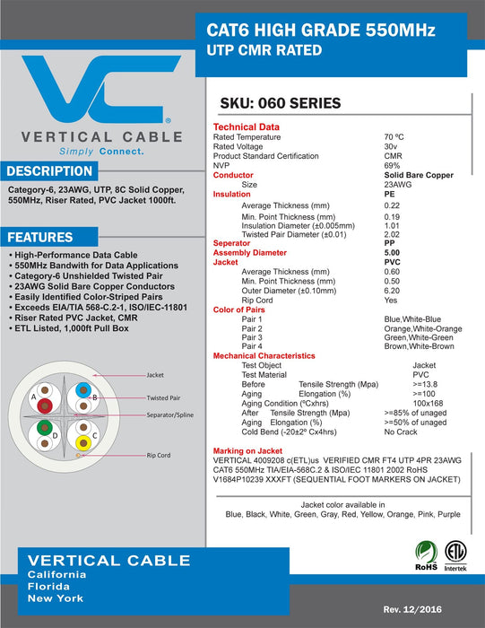 CAT6 23AWG UTP 8C Solid Bare Copper Unshielded 550MHz Riser Rated PVC Jacket 1000ft Bulk Ethernet Cable Blue