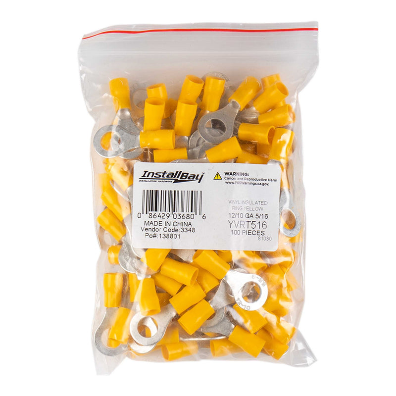 The Install Bay YVRT516 Yellow Vinyl Ring Terminal 12-10 Gauge 5/16 Pack of 100