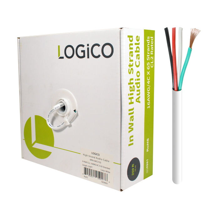 Logico 16/4 In-Wall Audio Cable Stranded Unshielded CL2 16AWG 4C Speaker Wire 250ft