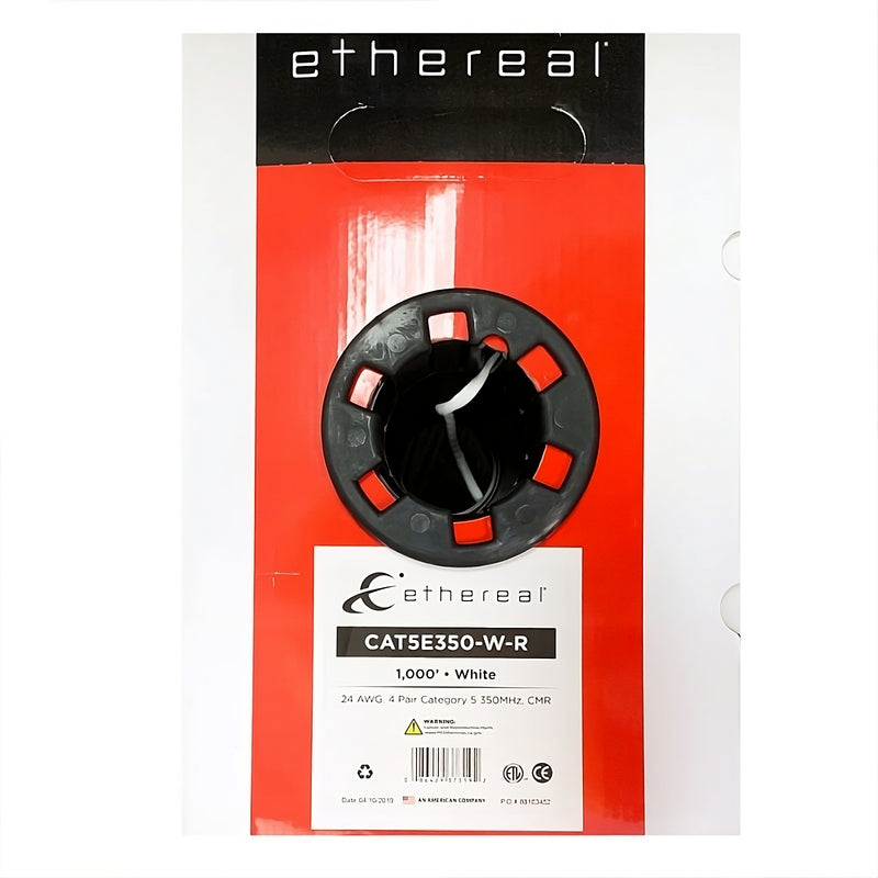 Cat5e 24 AWG UTP 4C Bare Copper UL Listed 350 MHz CMR Ethernet Cable 1000ft Pull Box - White