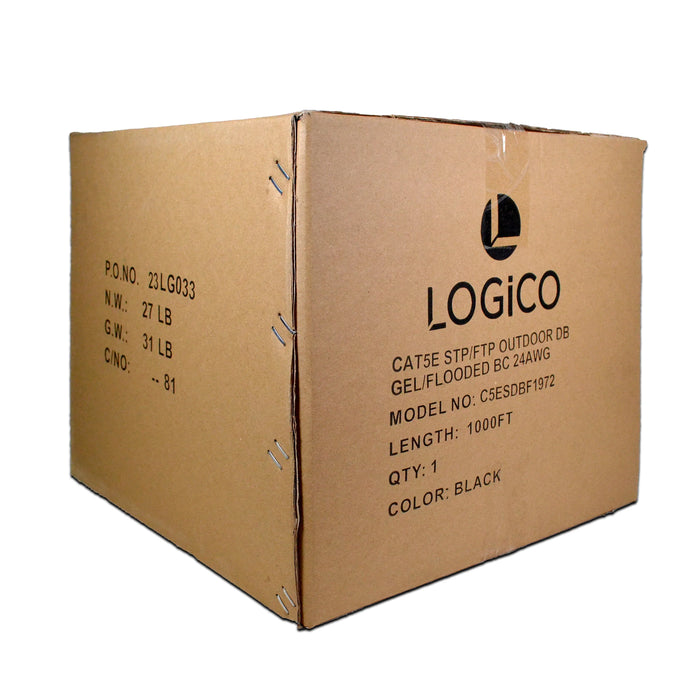 Logico Cat5e Outdoor Shielded Solid Bare Copper Gel Flooded Ethernet Network Cable 1000FT - Black Direct Burial
