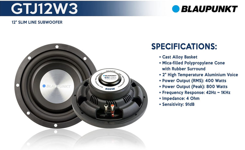 Blaupunkt GTJ12W3 Slim Line 12" inch 800 Watt Max Single Voice Coil 4 Ohm Subwoofer (each)
