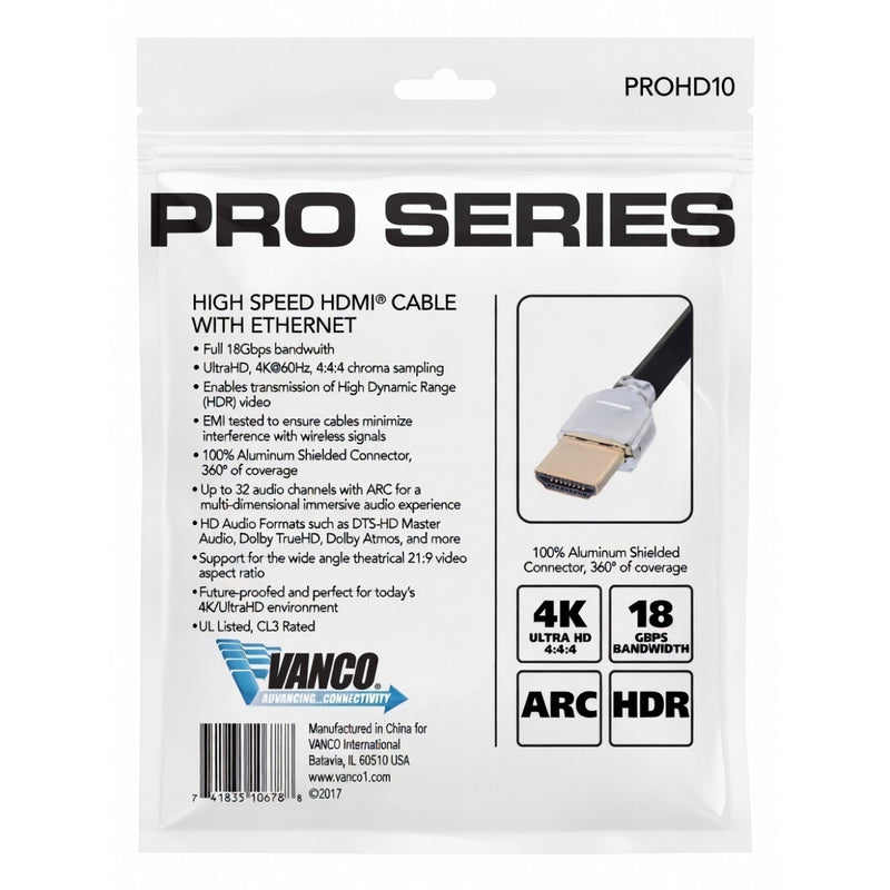 Vanco PROHD Pro Series High Speed HDMI 4K/UltraHD HDR/ARC 18Gbps Cables with Ethernet - Black (1-30 ft)