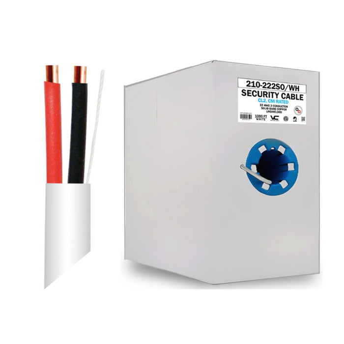 Vertical Cable 210-222SO/WH Alarm-Security Cable Solid Unshielded 22AWG 2 Conductor 1000ft Pull Box, White