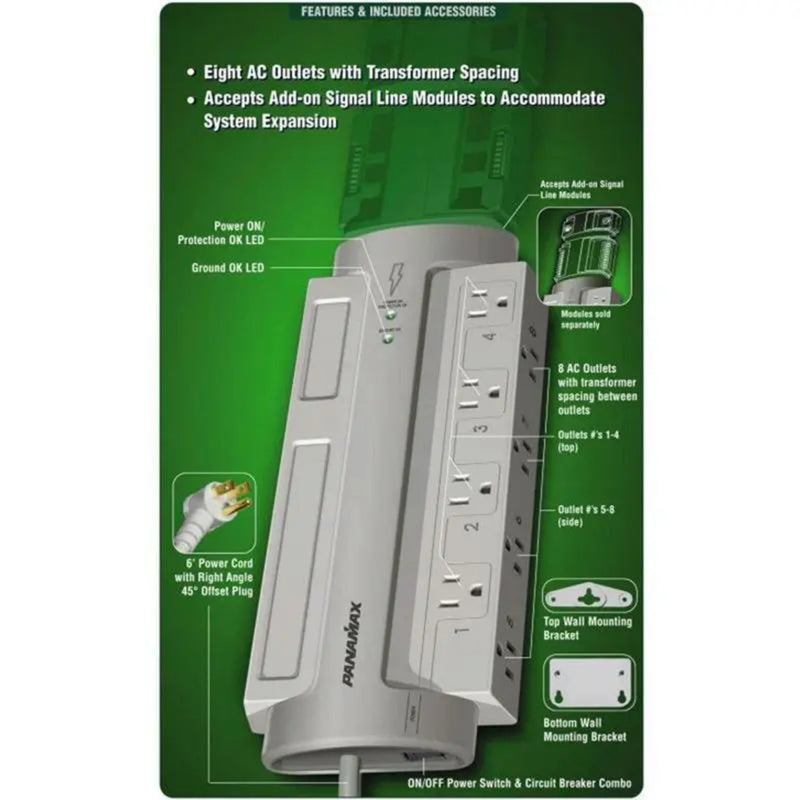 Panamax PM8-EX 8 AC Outlet Surge Protector Noise Filtration 6 Feet Cord
