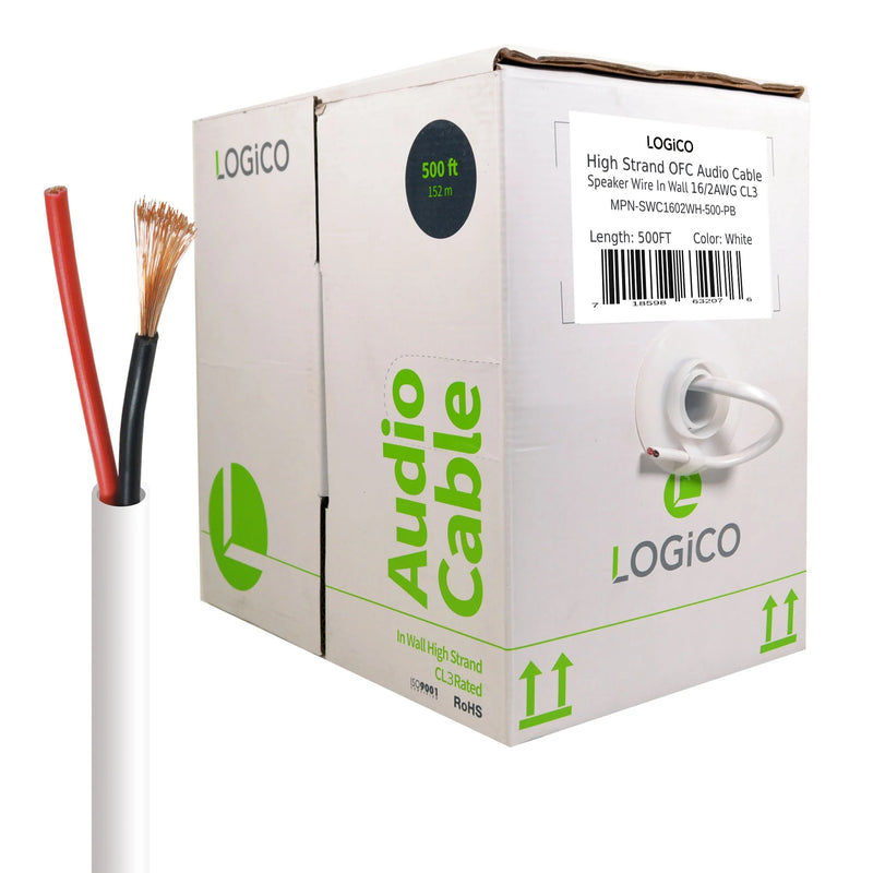 Logico In-Wall Audio Speaker Cable Wire 16/2 Gauge AWG OFC 500ft White