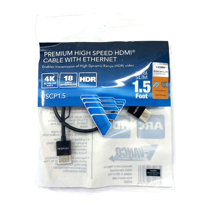 Vanco USCP1.5 1.5' Ultra Slim Certified Premium High Speed HMDI Cables with Ethernet (1.5 feet)