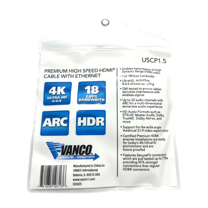 Vanco USCP1.5 1.5' Ultra Slim Certified Premium High Speed HMDI Cables with Ethernet (1.5 feet)