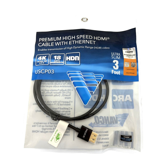 Vanco USCP03 3' Ultra Slim Certified Premium High Speed HMDI Cables with Ethernet (3 feet)
