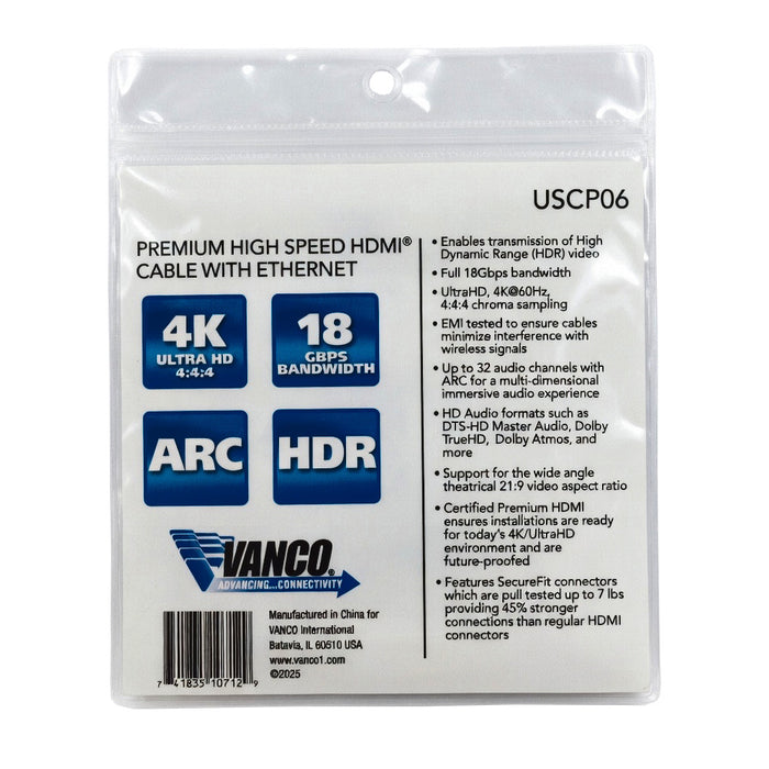 Vanco USCP06 6' Ultra Slim Certified Premium High Speed HMDI Cables with Ethernet (6 feet)
