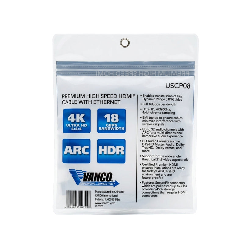 Vanco USCP08 8' Ultra Slim Certified Premium High Speed HMDI Cables with Ethernet (8 feet)