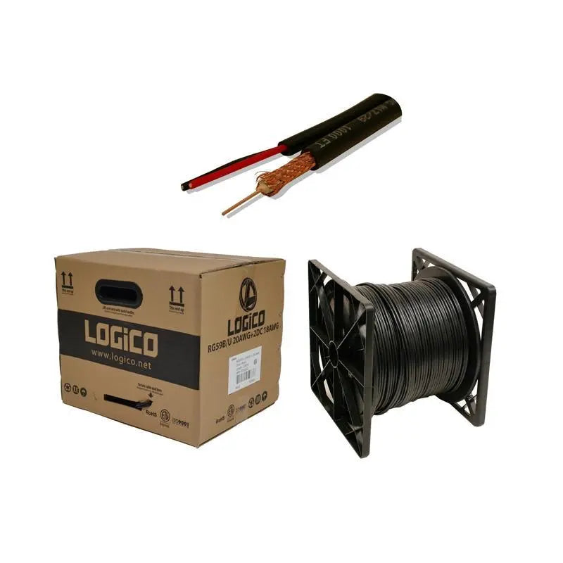 1000 ft Black RG59 Siamese Cable 20 AWG + 18/2 Security Camera Wire Logico