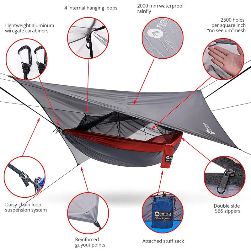 118" x 79" Double Camping Hammock Heavy-Duty with Rainfly Cover & Mosquito Net The Wires Zone