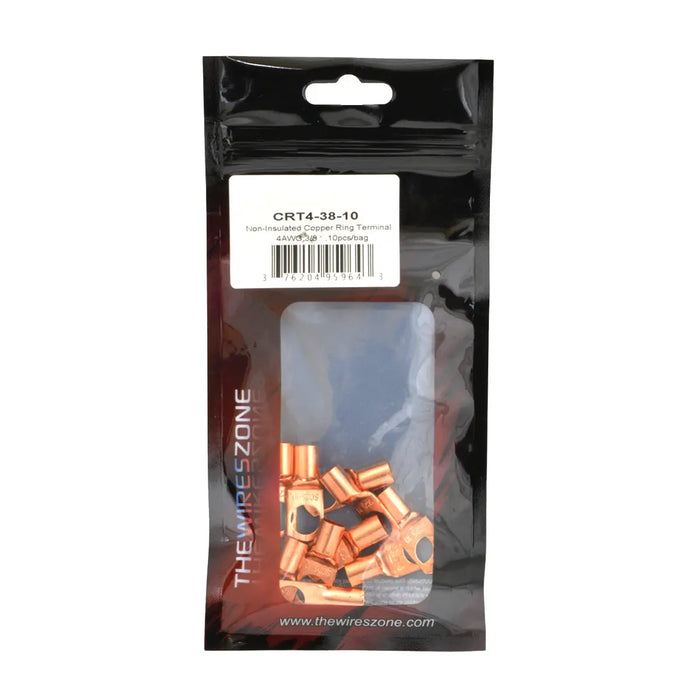 4 Gauge AWG Non-Insulated Pure Copper Lugs Ring Terminals Connectors 3/8" Inch Ring Size 10 Pack The Wires Zone