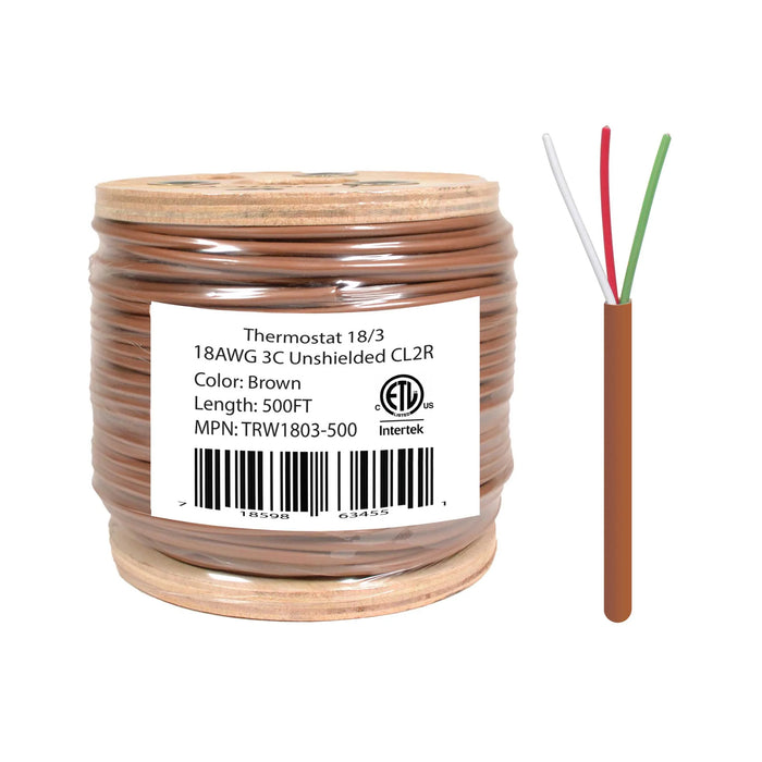 Logico TRW1803-500 18/3 Thermostat Wire 18 Gauge Solid Copper CMR Heating HVAC AC Cable 500FT Sunlight Resistant
