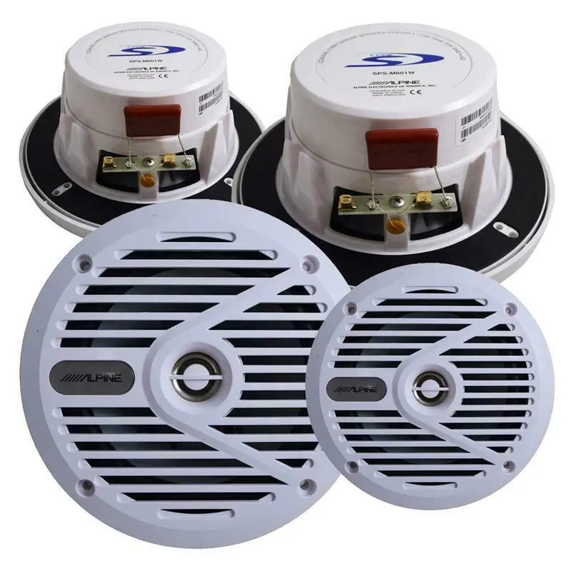 Alpine SPS-M601W White 2-Way 6.5" 110W Coaxial Marine Speaker 2 Pairs Alpine