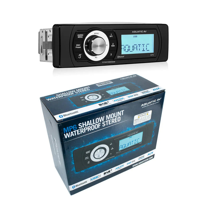 Aquatic Av MP6 Shallow Mount Waterproof Radio Bluetooth and USB Marine 288W Stereo Aquatic AV