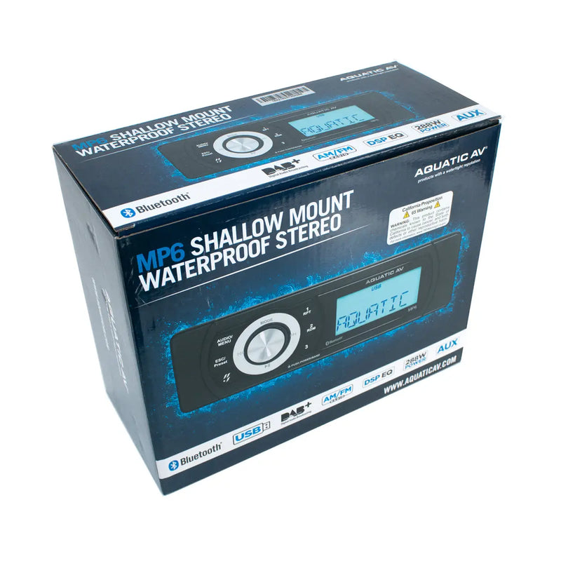 Aquatic Av MP6 Shallow Mount Waterproof Radio Bluetooth and USB Marine 288W Stereo Aquatic AV
