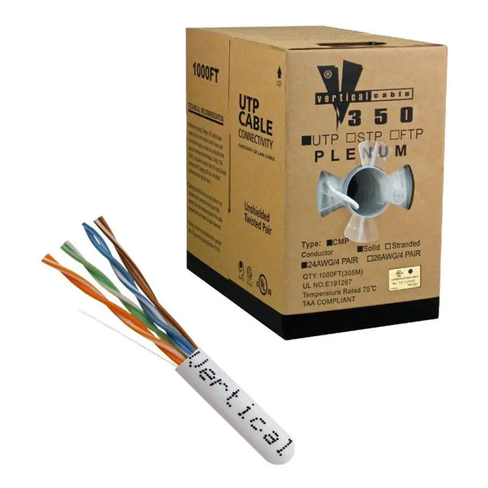CAT5E 24 AWG UTP 8C Solid Bare Copper White Plenum 1000 Feet Cable Vertical Cable