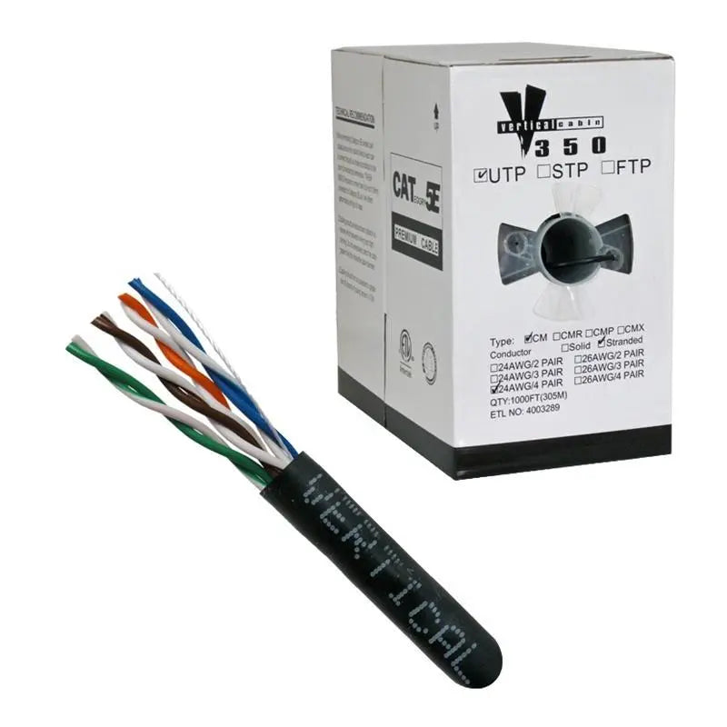 CAT5E 24 AWG UTP 8C Stranded Bare Copper PVC Jacket Black 1000' Cable Vertical Cable