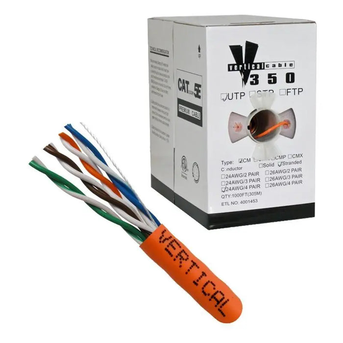 CAT5E 24 AWG UTP 8C Stranded Bare Copper PVC Jacket Orange 1000' Cable Vertical Cable