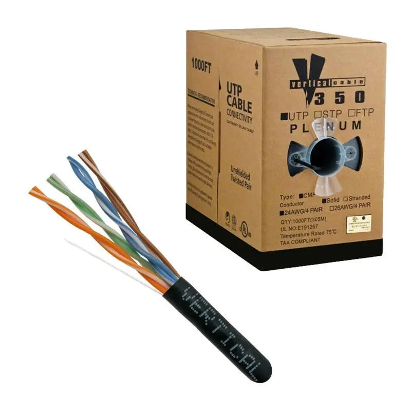 CAT5E 24AWG UTP 8 Conductor Solid Bare Copper Black Plenum 1000' Cable Vertical Cable