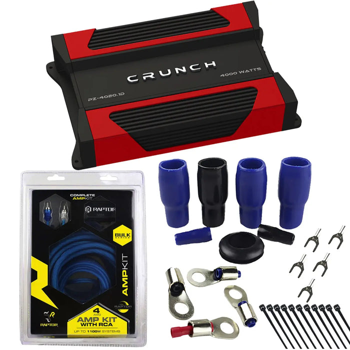 Crunch PZ-4020.1D Monoblock Car Amplifier with Raptor R2AK4 4 Gauge Complete Amp Kit Combo Crunch