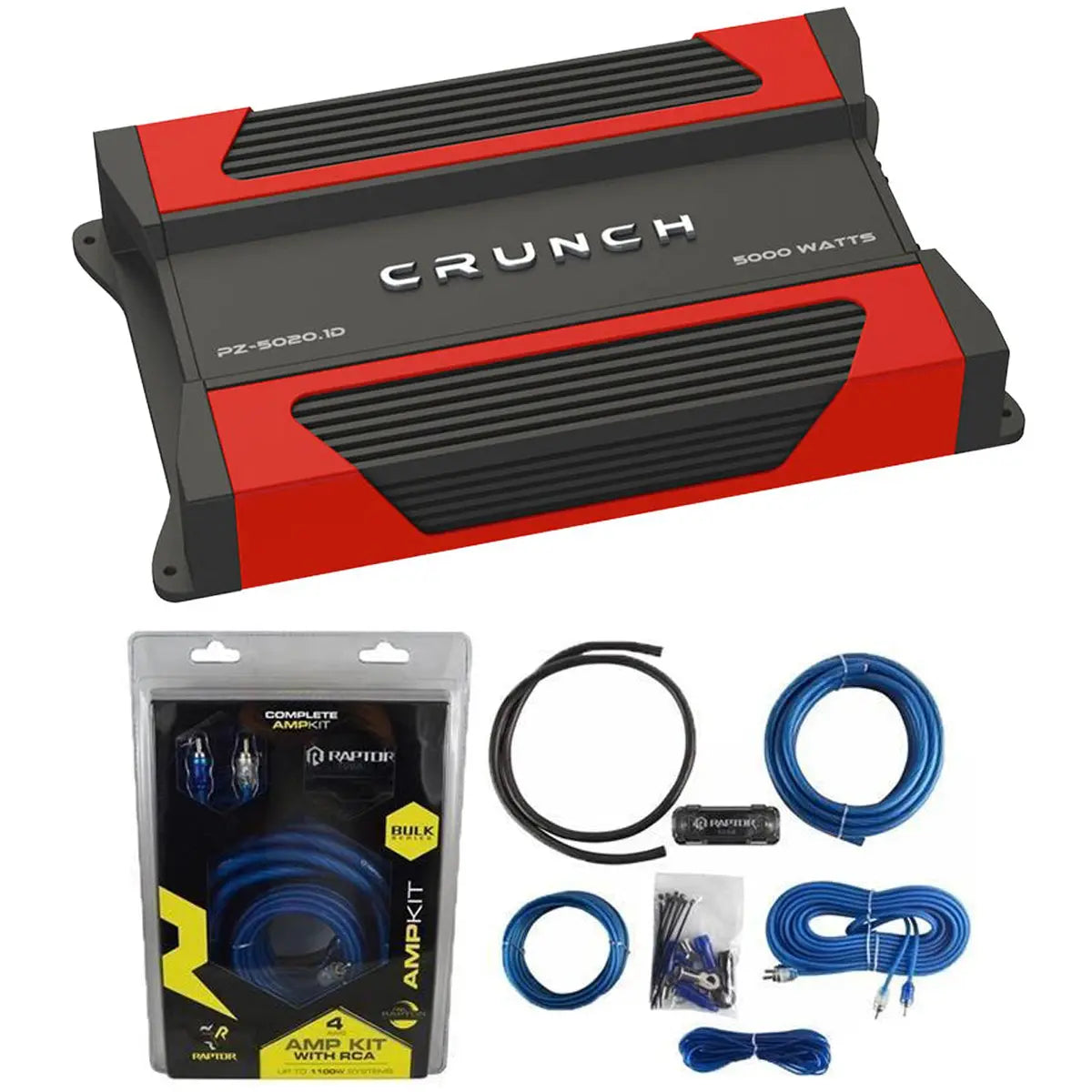 Crunch PZ-5020.1D Mono Class AB Amplifier & Raptor R2AK4 Complete Ampl