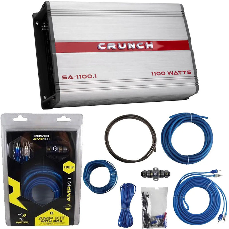 Crunch SA-1100.1 Amplifier Mono w/ Raptor R2AK8 8 Gauge Complete Amp Kit Combo Crunch