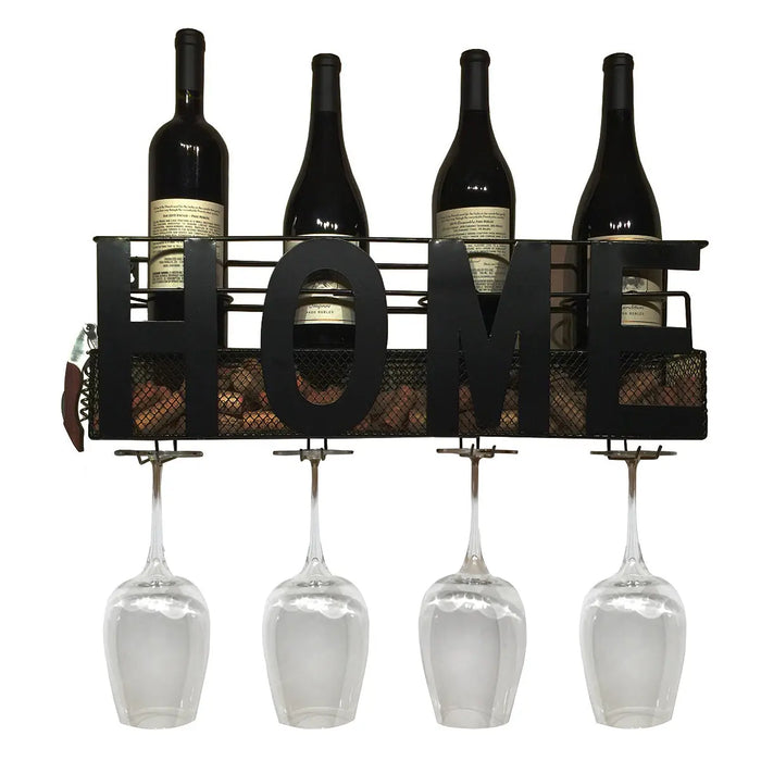 Home Wall Mounted Hanging Wine Rack & Cork Holder for 4 Bottles and 4 Wine Glasses The Wires Zone