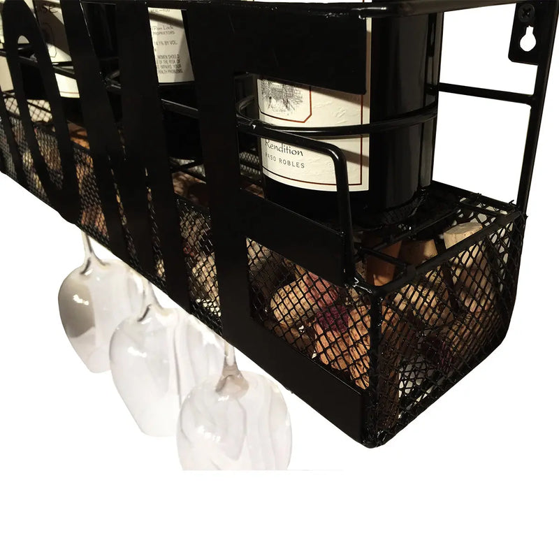 Home Wall Mounted Hanging Wine Rack & Cork Holder for 4 Bottles and 4 Wine Glasses The Wires Zone