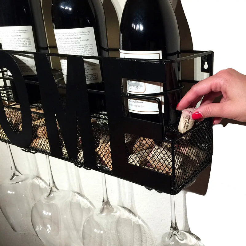 Home Wall Mounted Hanging Wine Rack & Cork Holder for 4 Bottles and 4 Wine Glasses The Wires Zone