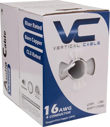 In Wall Speaker Wire 16 AWG 4C 65 Strand 500 Feet White PVC Jacket Bare Copper CMR CL3 16/4 Vertical Cable