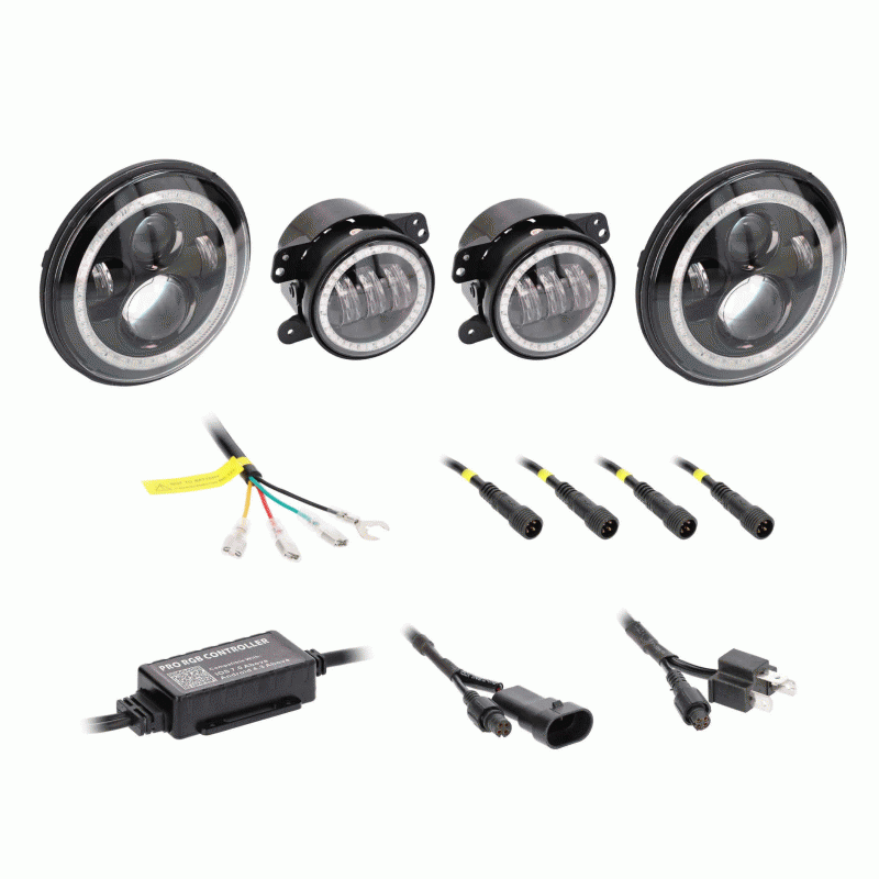Metra JP-707RGBKT Chasing Halo LED 7" Headlights & 4" Fog Lights w/ Controller Jeep Vehicles