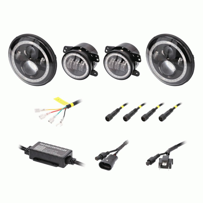 Metra JP-707RGBKT Chasing Halo LED 7" Headlights & 4" Fog Lights w/ Controller Jeep Vehicles