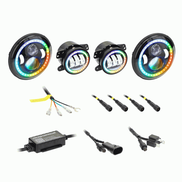 Metra JP-707RGBKT Chasing Halo LED 7" Headlights & 4" Fog Lights w/ Controller Jeep Vehicles