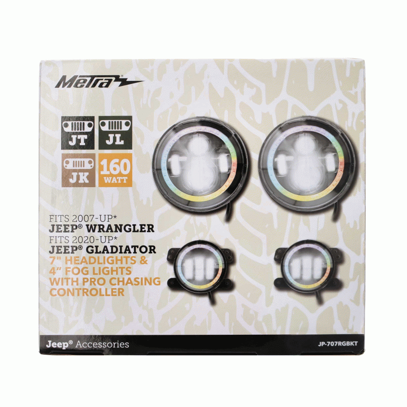 Metra JP-707RGBKT Chasing Halo LED 7" Headlights & 4" Fog Lights w/ Controller Jeep Vehicles