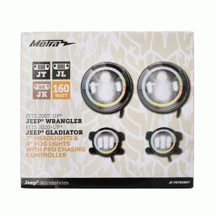 Metra JP-707RGBKT Chasing Halo LED 7" Headlights & 4" Fog Lights w/ Controller Jeep Vehicles