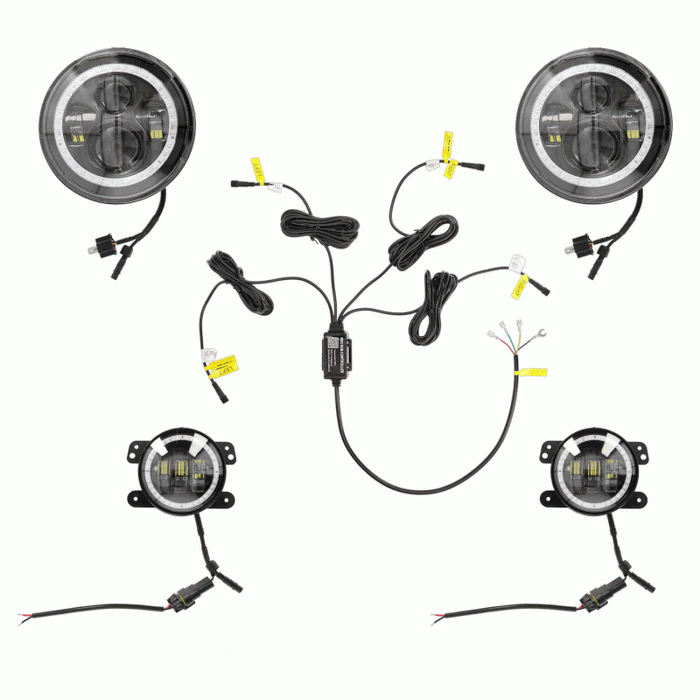 Metra JP-707RGBKT Chasing Halo LED 7" Headlights & 4" Fog Lights w/ Controller Jeep Vehicles
