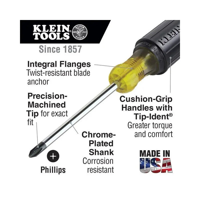 Klein Tools 603-3 #1 Phillips Head Screwdriver 3" Round Shank Cushion Grip Handle Klein Tools
