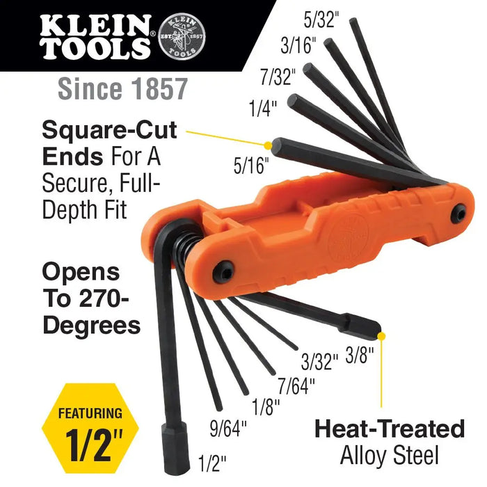 Klein Tools 70550 Pro Folding Hex Key Set SAE Sizes with 11 Extended-Reach Blades Klein Tools