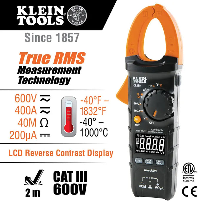 Klein Tools CL380 400 Amp True RMS AC DC Auto-Ranging Digital Clamp Meter Tester Klein Tools