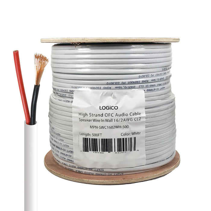Logico In-Wall Audio Speaker Cable Wire 16/2 Gauge AWG OFC 500ft White