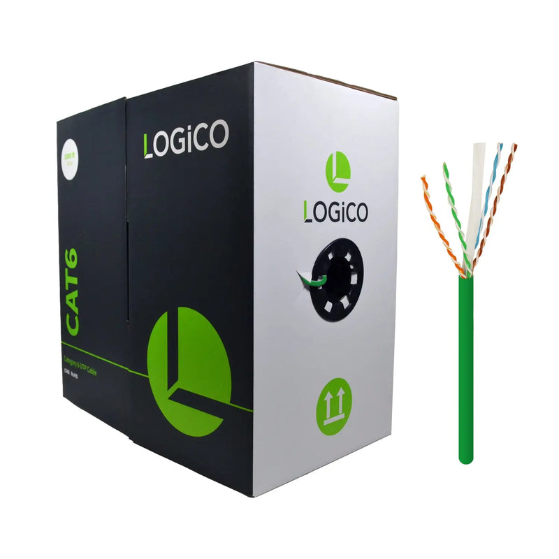 Logico C6EU2805 CAT6 UTP 23 AWG 550Mhz Pure Copper Bulk Ethernet Network Cable Riser Green 1000ft Logico
