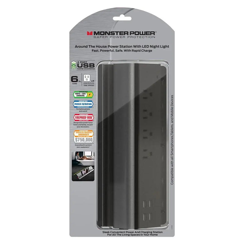 Monster Cable Power and Charging Station 4 Outlets Surge Protect w/ 4 USB ports Monster