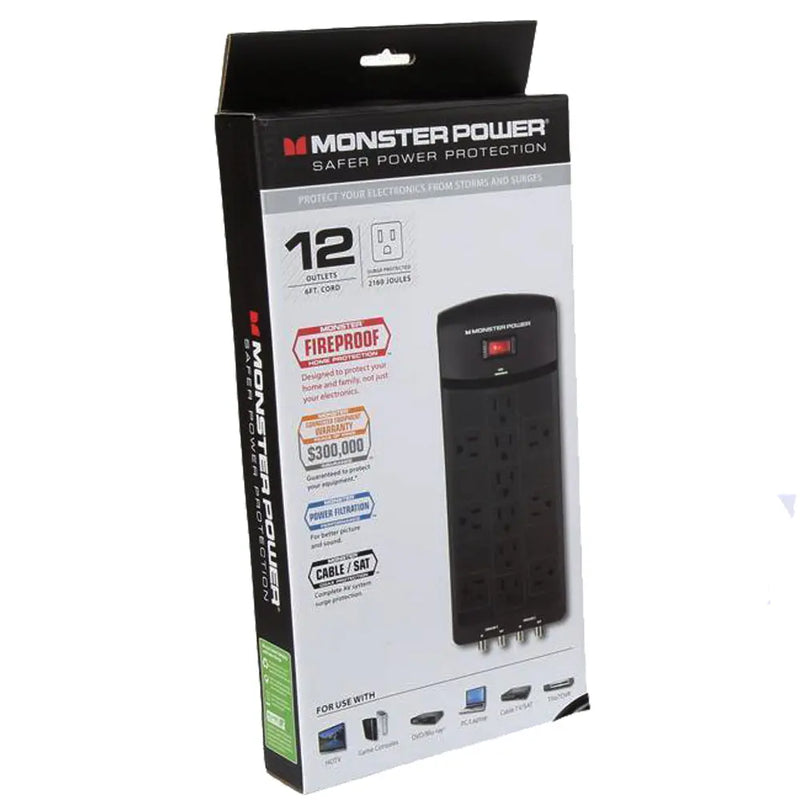 Monster Power 12 AC Outlets With 2 Coaxial Cable / SAT In-Out Surge Protector Monster