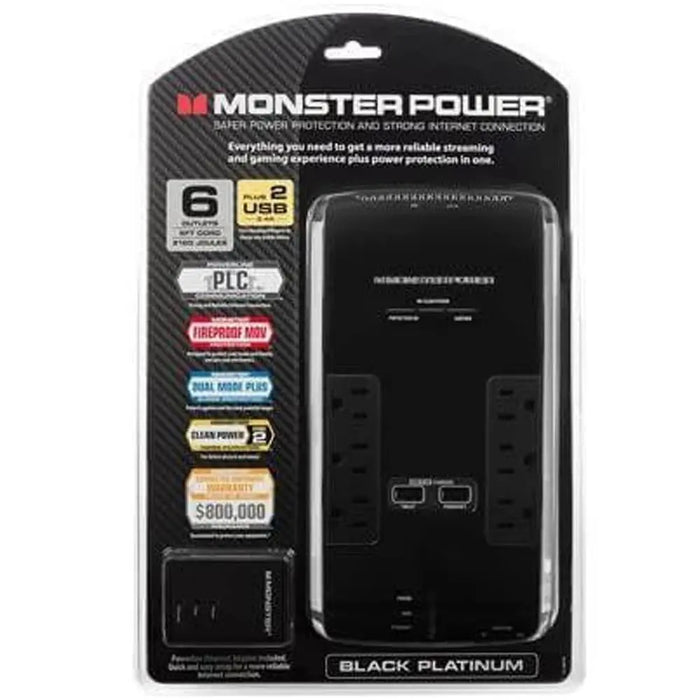 Monster Power 6 AC Outlets 2 USB 3.4Amp Ports and Coaxial In-Out Surge Protector Monster