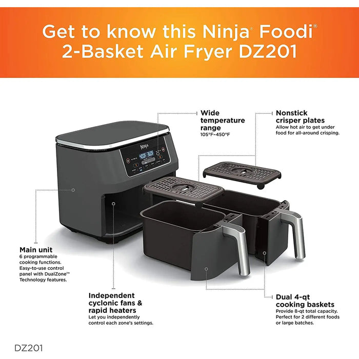 Ninja DZ100 Foodi 4-in-1 8-Quart 2-Basket Air Fryer with DualZone Technology Ninja
