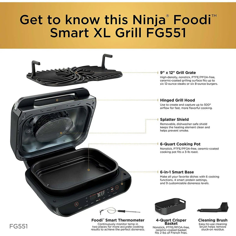 Ninja FG551 Foodi Smart XL 6-in-1 Indoor Grill with Smart Thermometer (Refurbished) Ninja